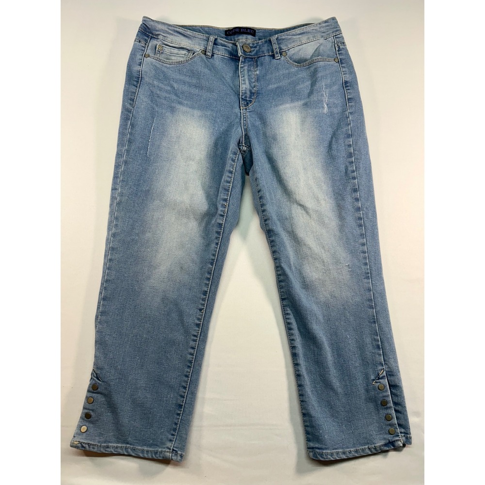 Code Bleu Women Light Wash Straight Leg Crop Jeans Button Hem‎ Size 12